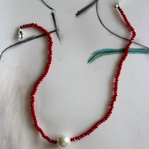 Czech Fire "Ruby" Pearl Pendant Swarovski Necklace